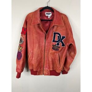 Vintage DKNY‎ Jeans Red Leather Bomber Varsity Jacket 90s Patch Distressed Large